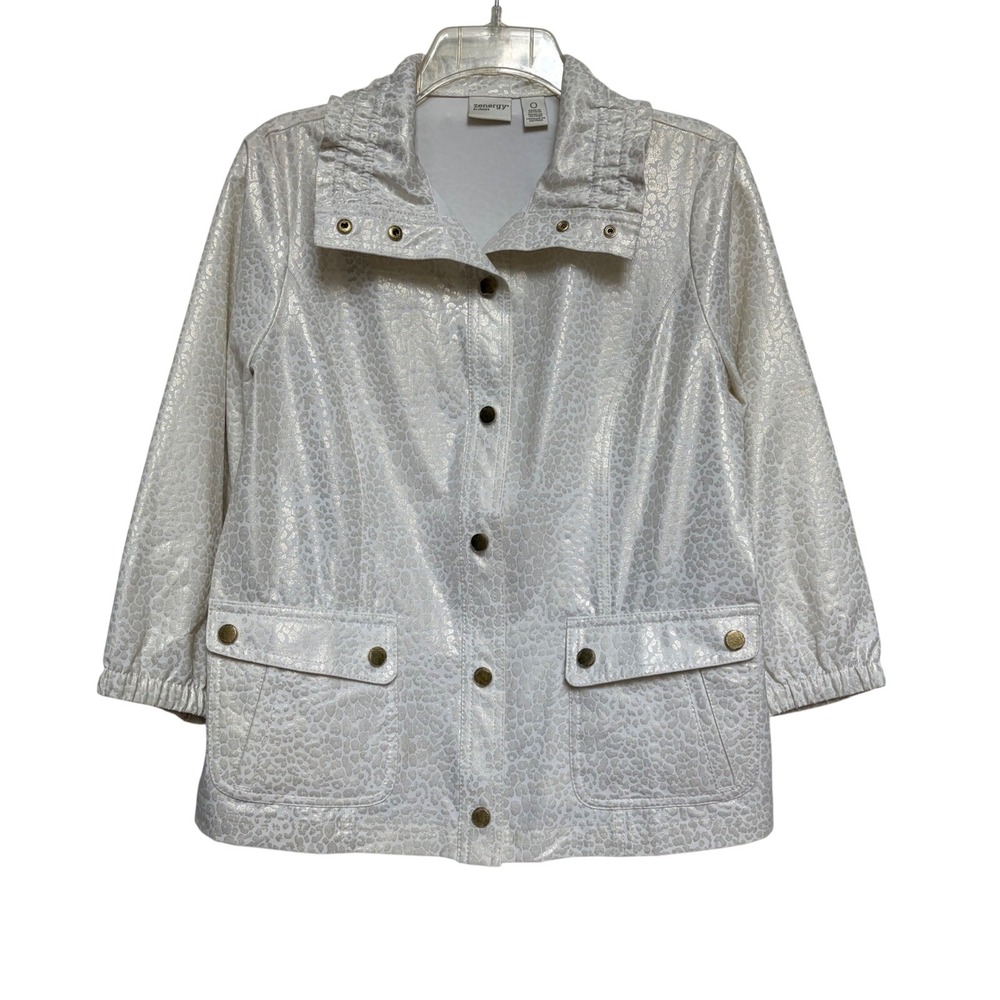 Zenergy Chicos Womens Metallic Leopard Print Snap Front Jacket White Silver‎ 0 S